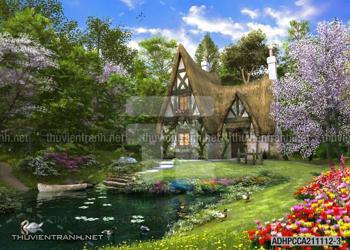 Phong cảnh đồng quê Châu Âu, Ngôi nhà nông thôn cottage - Tranh tường chất lượng cao