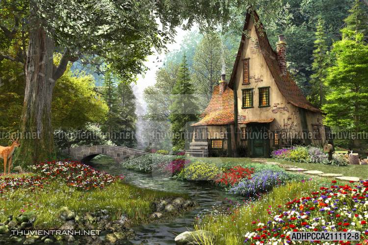 Phong cảnh đồng quê Châu Âu, Ngôi nhà nông thôn cottage - Tranh tường chất lượng cao
