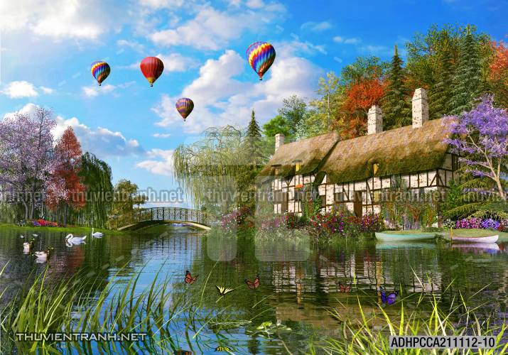 Phong cảnh đồng quê Châu Âu, Ngôi nhà nông thôn cottage - Tranh tường chất lượng cao
