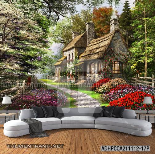 Phong cảnh đồng quê Châu Âu, Ngôi nhà nông thôn cottage - Tranh tường chất lượng cao