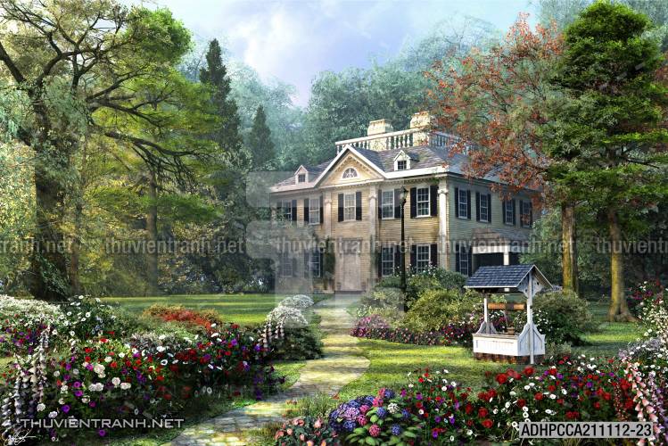 Phong cảnh đồng quê Châu Âu, Ngôi nhà nông thôn cottage - Tranh tường chất lượng cao