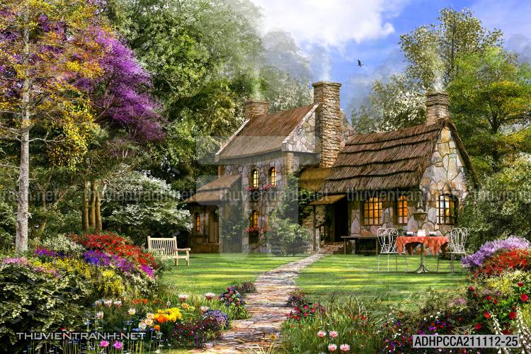 Phong cảnh đồng quê Châu Âu, Ngôi nhà nông thôn cottage - Tranh tường chất lượng cao