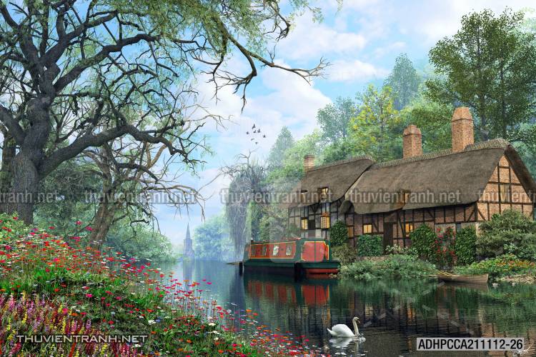 Phong cảnh đồng quê Châu Âu, Ngôi nhà nông thôn cottage - Tranh tường chất lượng cao