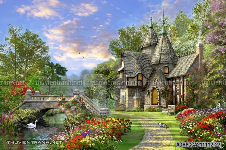 Phong cảnh đồng quê Châu Âu, Ngôi nhà nông thôn cottage - Tranh tường chất lượng cao