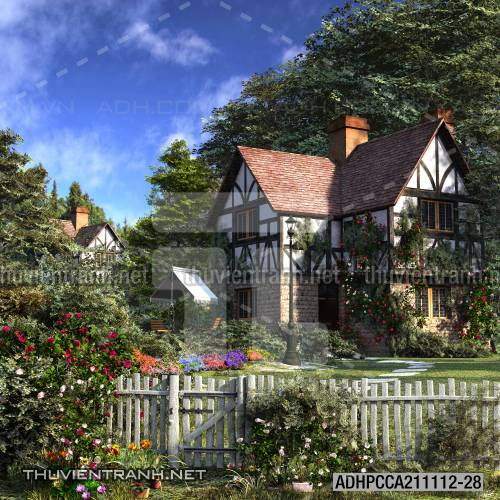 Phong cảnh đồng quê Châu Âu, Ngôi nhà nông thôn cottage - Tranh tường chất lượng cao