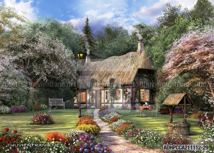 Phong cảnh đồng quê Châu Âu, Ngôi nhà nông thôn cottage - Tranh tường chất lượng cao