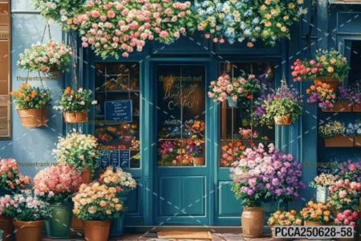 Tranh dán tường con phố xinh đẹp  châu Âu, Quán cà phê Châu Âu - Tranh tường chất lượng cao