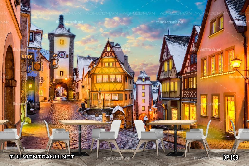 Tranh dán tường 3D phố cổ Châu Âu, đường phố Châu Âu, phong cảnh dãy phố cổ  Châu Âu - Kết quả tìm kiếm tranh tường