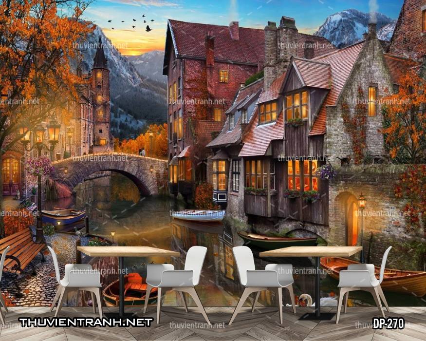 Tranh dán tường 3D đường phố Châu Âu - Tranh tường chất lượng cao