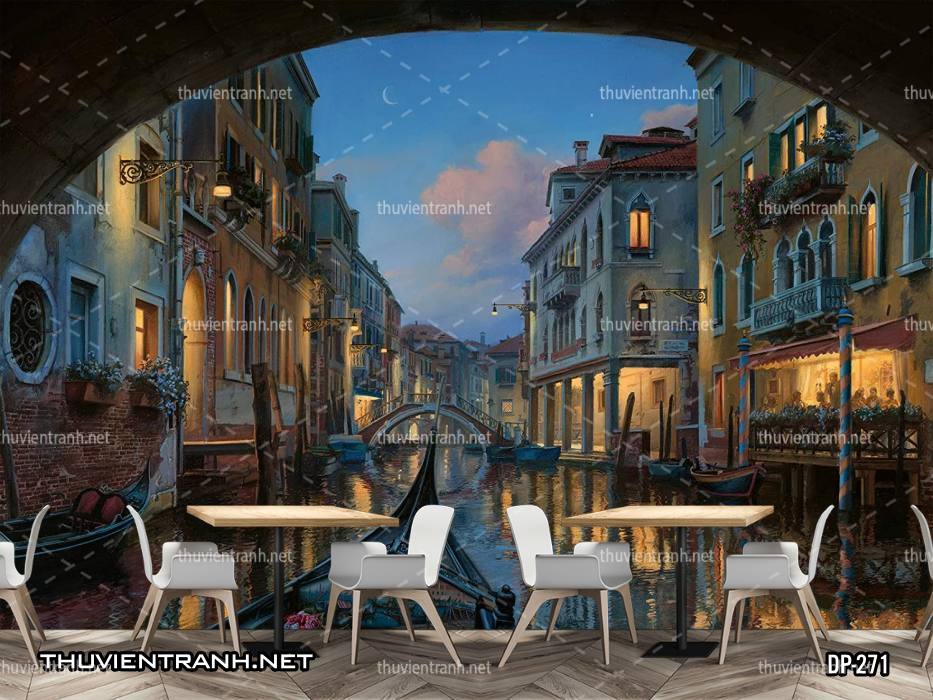 Tranh dán tường 3D đường phố Châu Âu - Tranh tường chất lượng cao