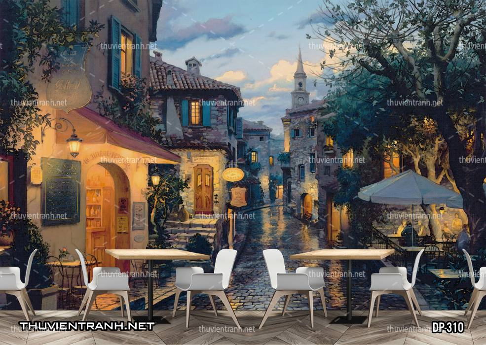Tranh dán tường 3D đường phố Châu Âu - Tranh tường chất lượng cao