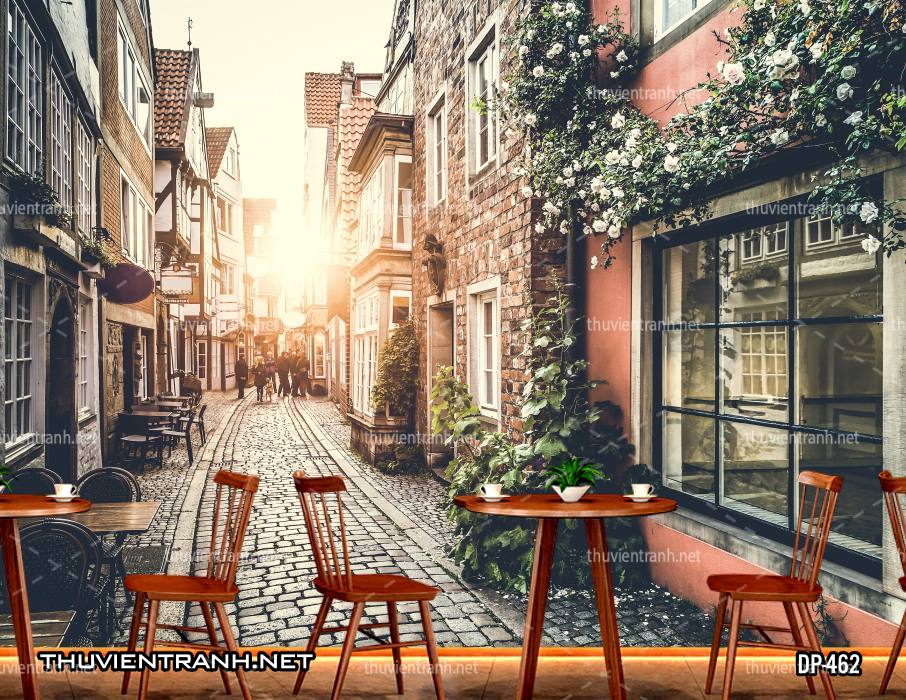 Tranh dán tường 3D đường phố Châu Âu - Tranh tường chất lượng cao