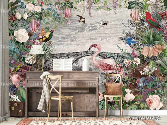 Tranh dán tường Rừng Rậm nhiệt dới, Tranh dán tường chim chóc, động vật rừng rậm, Tropical, Tranh Vintage  - Tranh tường chất lượng cao